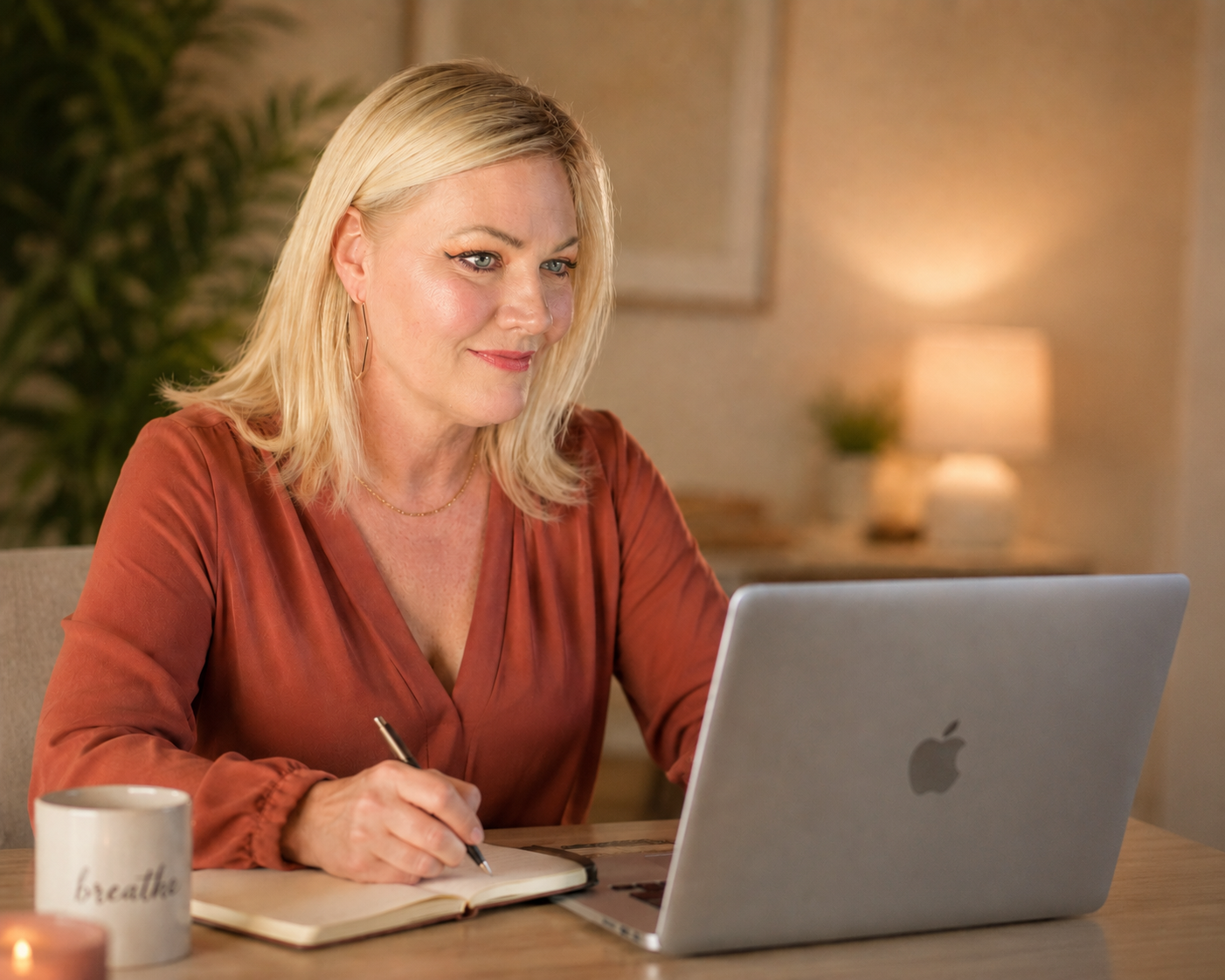 woman at laptop in a warm cozy office, taking notes